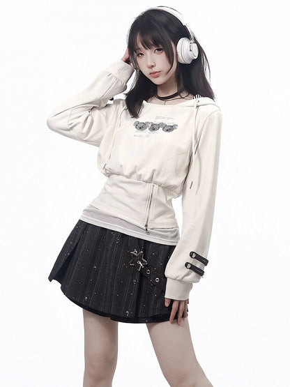 Hooded White Striped Pullover with Bear Graphic & Zip Trim, Fitted Waist - PINK SAVIOR