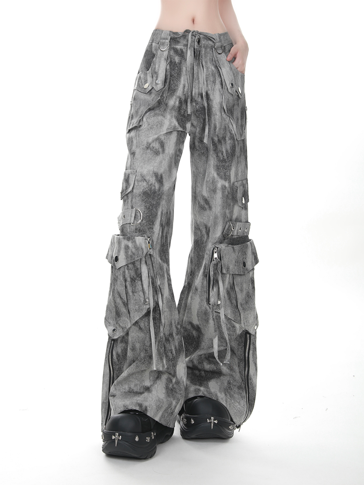 Grau/Grün verblasste Vintage Dark Wash Wide-Leg-Cargojeans mit Reißverschlussbündchen