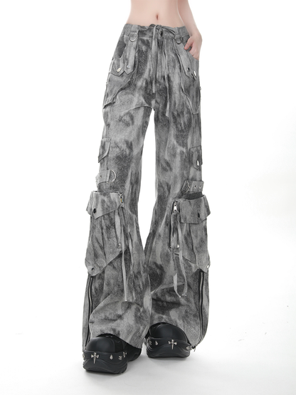 Grau/Grün verblasste Vintage Dark Wash Wide-Leg-Cargojeans mit Reißverschlussbündchen