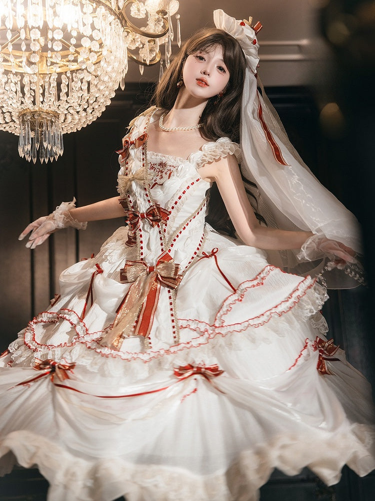 Cake Dress Lolita Embroidered Red White Cherry Hime with Bows Ruffled Multi-Layered