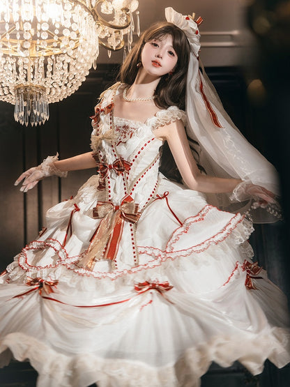Cake Dress Lolita Embroidered Red White Cherry Hime with Bows Ruffled Multi-Layered