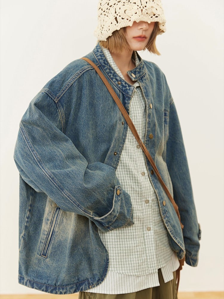Design Vintage Jacket Distressed Snap Blue Denim Placket