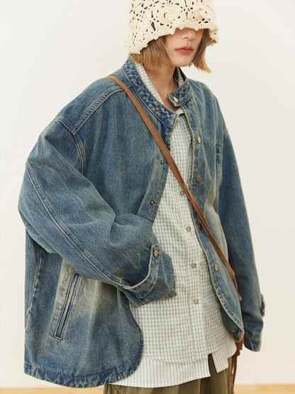 Design Vintage Jacket Distressed Snap Blue Denim Placket