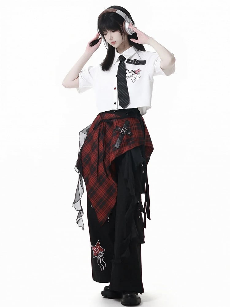 and Waist Accessory Handkerchief Hem Cascading Ruffles Black Plaid Red
