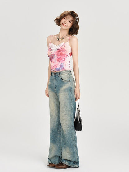 Summer Pink Camisole with Butterfly Print and Lace - Girlyhalo