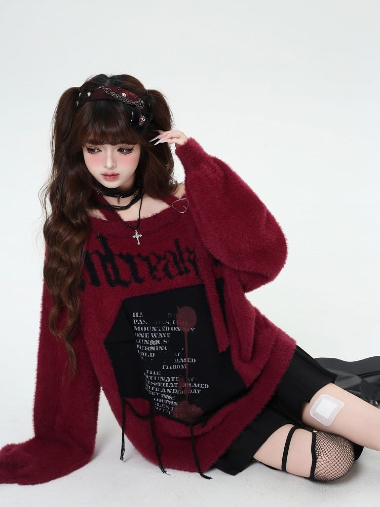 Black/Wine Red/Purple Letter Graphic Halter Neck Loose Sweater