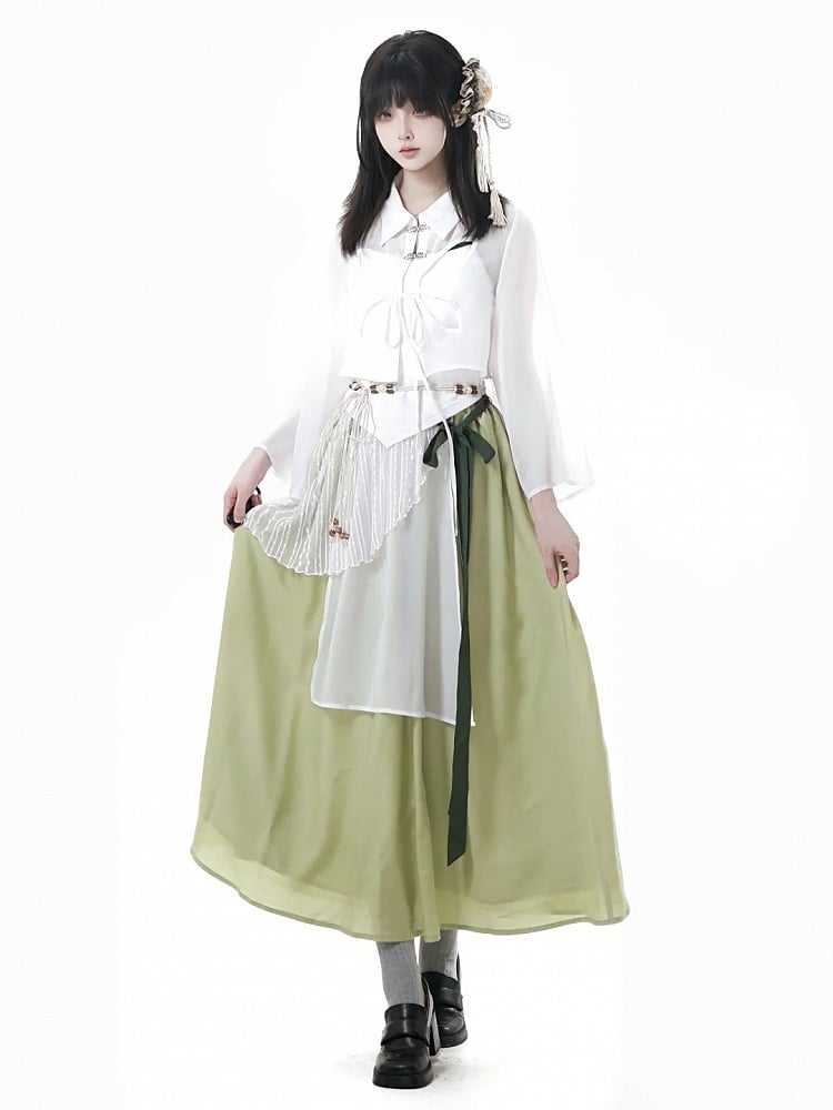 Style Green Cheongsam Elastic Waist Long Skirt with Waist Belt