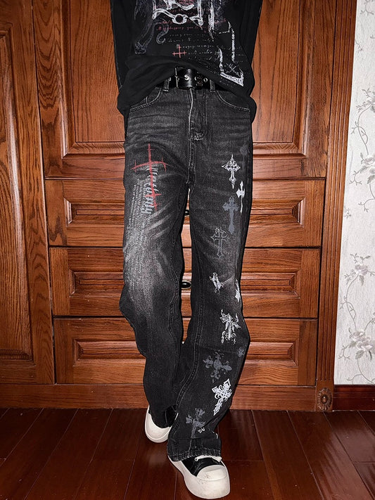 Straight-Leg Print Jeans Dark Cross Punk