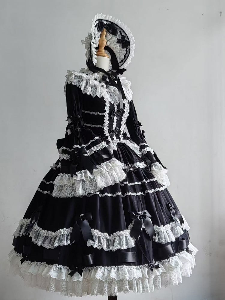 Sleeves Bell White Bow Decorations Black Lolita and Dress Hime Lace with Trims