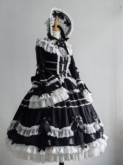 Sleeves Bell White Bow Decorations Black Lolita and Dress Hime Lace with Trims