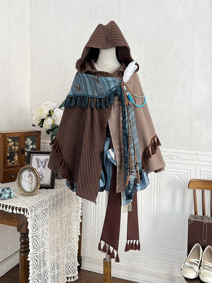 Brown & Blue Wasteland Style Asymmetrical Lolita Cape + Lace-Up Top + Striped Overall Shorts Set - Xiong Dou Jiang