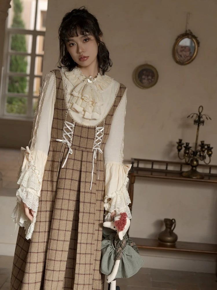Classic Lace-Up Elegant Details Lolita with Brown Dress Plaid