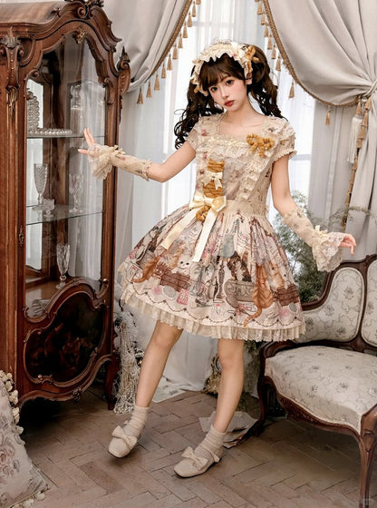 Beige Cat Print Square Neckline Sweet Lolita JSK Dress with Plush Cat Patch - NyaNya