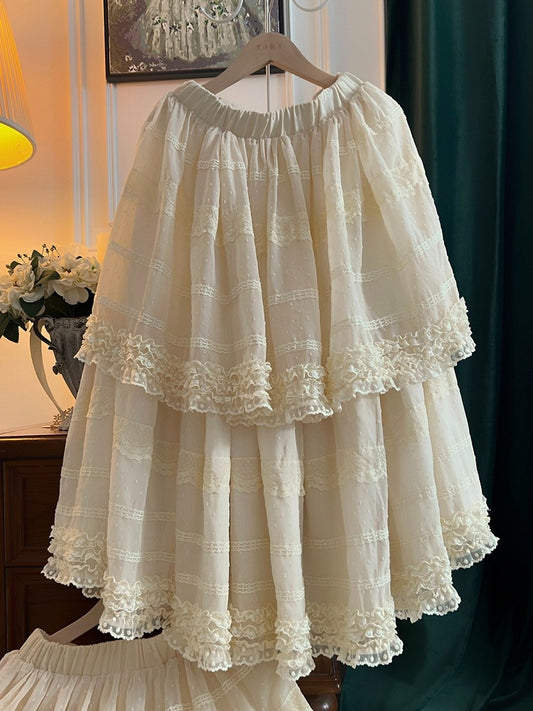 Beige Layered Polka-Dot Lace Skirt - Hana Studio