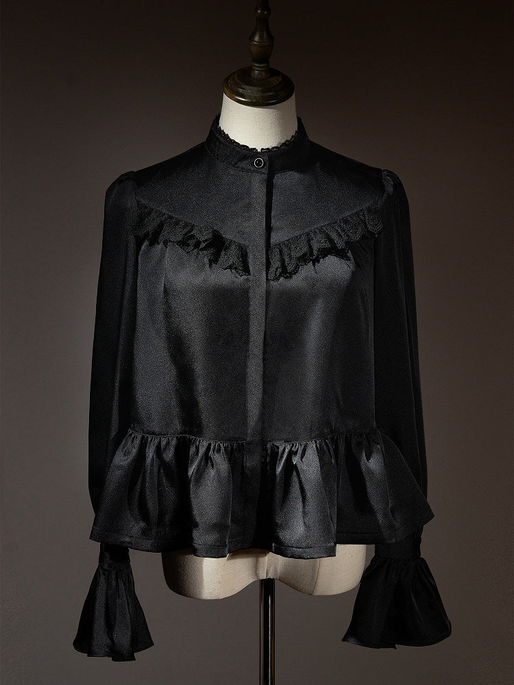 Schwarzes Ouji Fashion Lolita Langarmhemd mit Jabot-Krawatte und Fliege