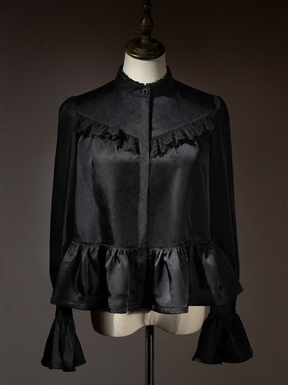 Schwarzes Ouji Fashion Lolita Langarmhemd mit Jabot-Krawatte und Fliege