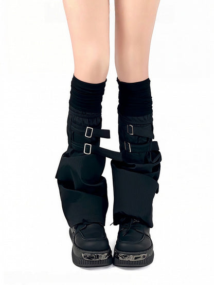 Fake Two-Piece Black/White Vertical Straps with Metal Punk Design Buckle Striped Warmers Leg Pattern