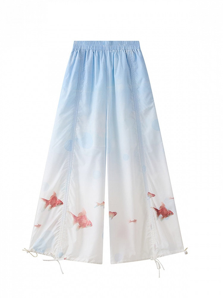Blue White Wide-Leg Elastic Waist Pants with Goldfish - Zao Jing Ji