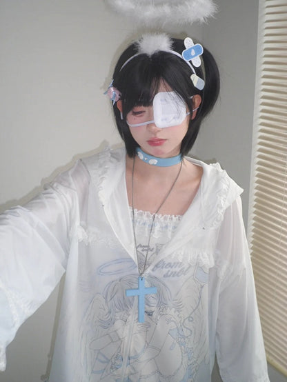 日焼け防止フード付き青と白のアニメガールプリントフリル裾ジャケットレース