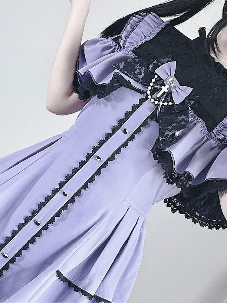 Violet Jirai Kei Short Sleeve Coord - Cross-Strap Illusion Neckline Dress & Matching Shorts