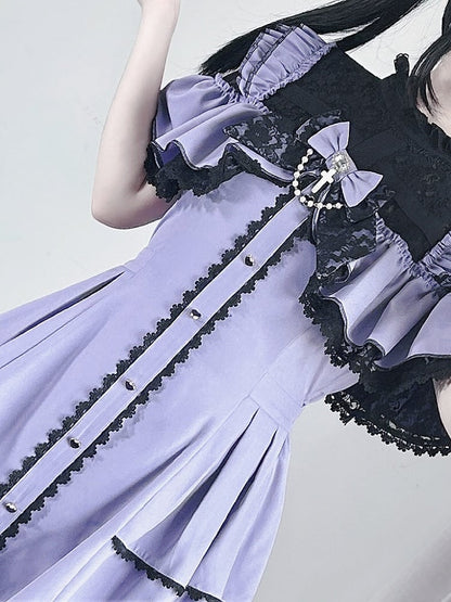 Violet Jirai Kei Short Sleeve Coord - Cross-Strap Illusion Neckline Dress & Matching Shorts