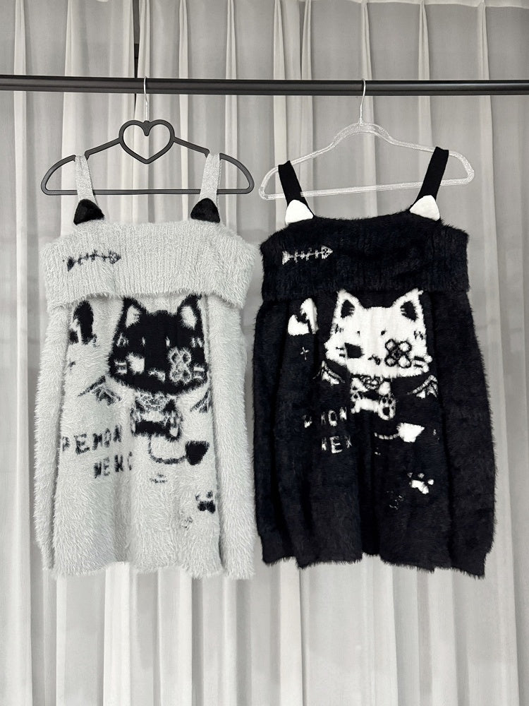 Faux with Gray/Black Cat Off-Shoulder Motif Sweater Fur