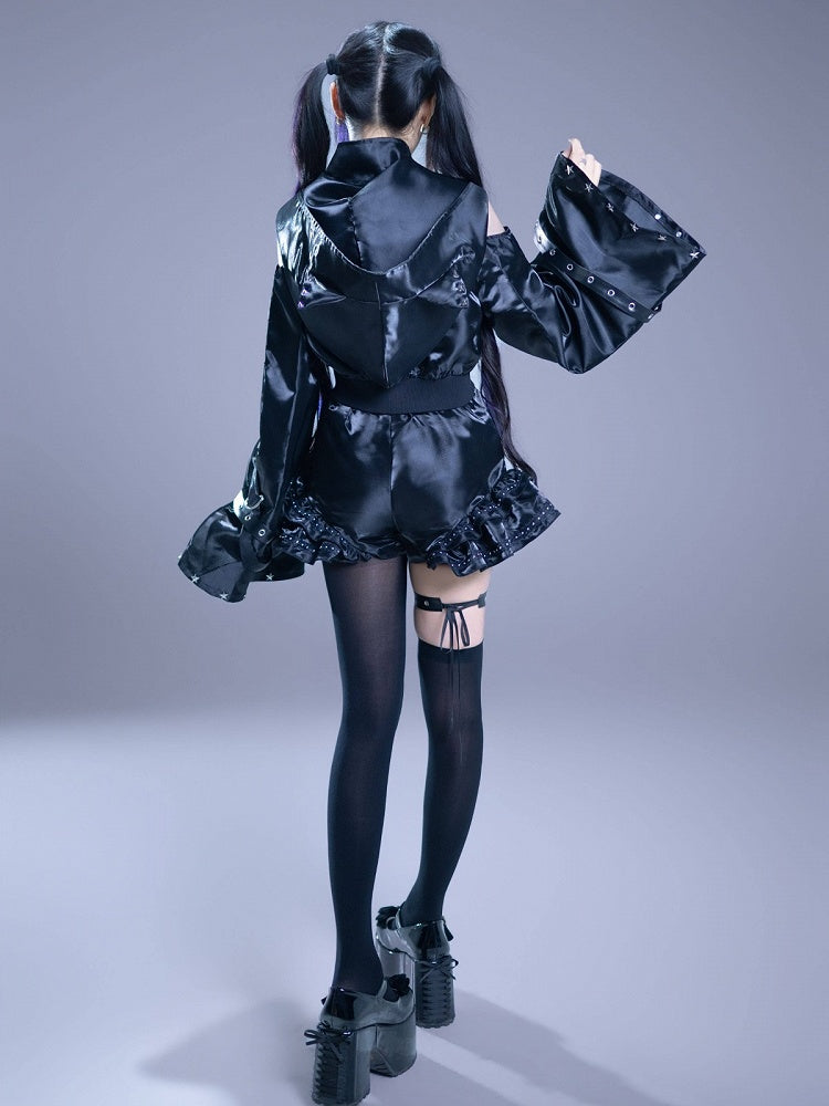 Glossy Gothic Jirai-kei Black 2-Piece Set Cat Ear Hooded Cutout Shoulder Top + Shorts with Leg Garter - Bug Starting