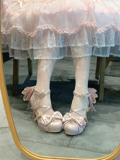 Pink Crown Buckle 8.5cm High Heels with Bowknot and Crystal Accents - Aimee