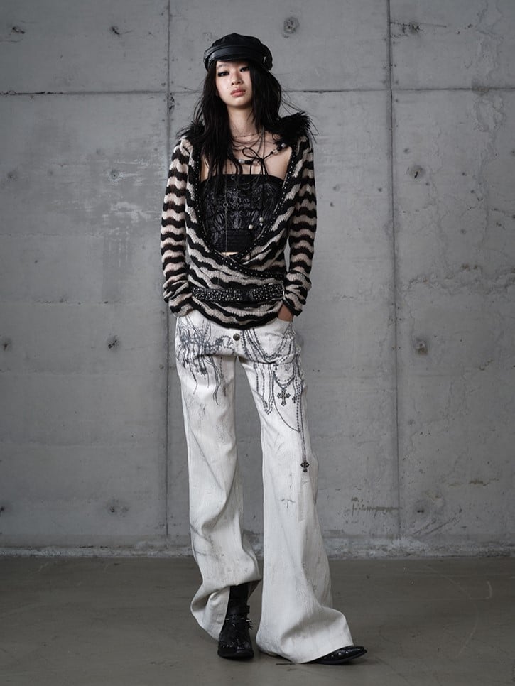 White with Vintage Set Deconstructed Fur Design Bustier Black Striped Top Faux Knit