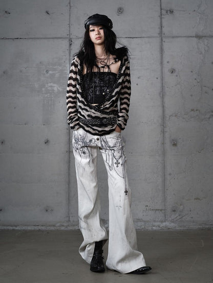 White with Vintage Set Deconstructed Fur Design Bustier Black Striped Top Faux Knit