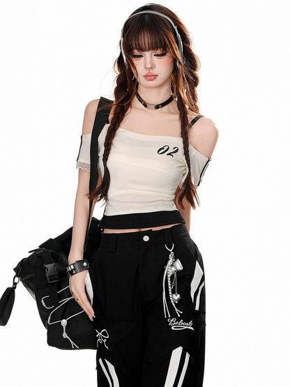 Schwarz/weißes Cami-Top mit Spitzenbesatz