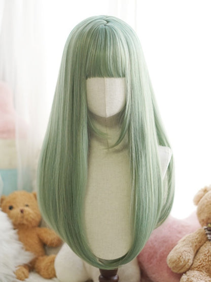 Lange, glatte Perücke in Rot/Rosa/Grün/Lila/Staubblau/Orange mit vollem Pony