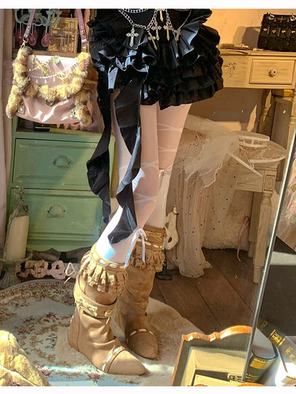 with Ruffles Mid-calf Leg Accents Garter Pair of Trim - Vintage A Pointed Brown Boots Toe Bow