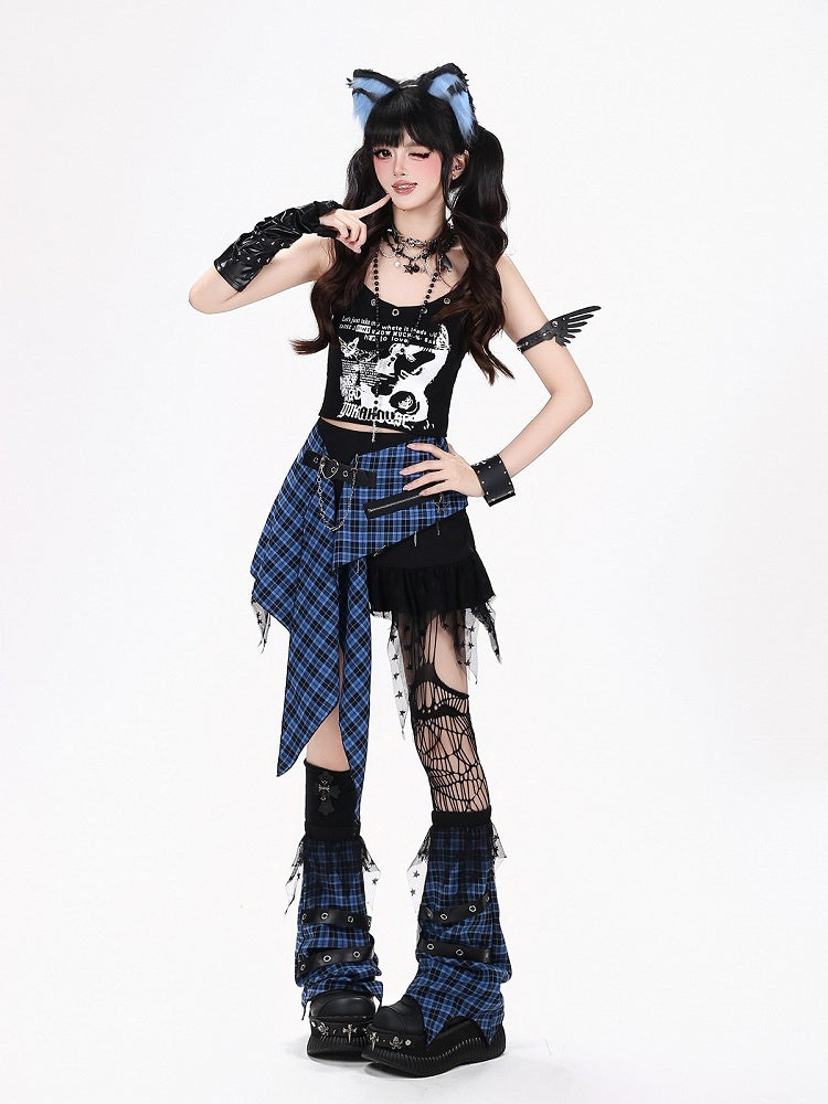 Blue Black Plaid Asymmetric Skirt with Zipper - CRAZY GIRL