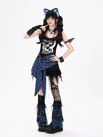 Blue Black Plaid Asymmetric Skirt with Zipper - CRAZY GIRL