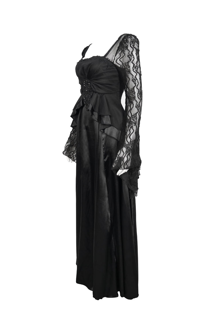 Black Lace Pointed Long Sleeves Back Zipper Satin Floor-Length Gothic Gown