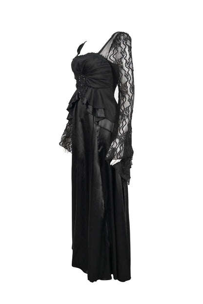 Black Lace Pointed Long Sleeves Back Zipper Satin Floor-Length Gothic Gown