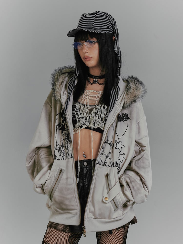 Kapuzenpullover mit Spinnennetz-Reißverschluss und Punk-Häschen-Fleece, graue Ohren, Rock-Print, Skelett