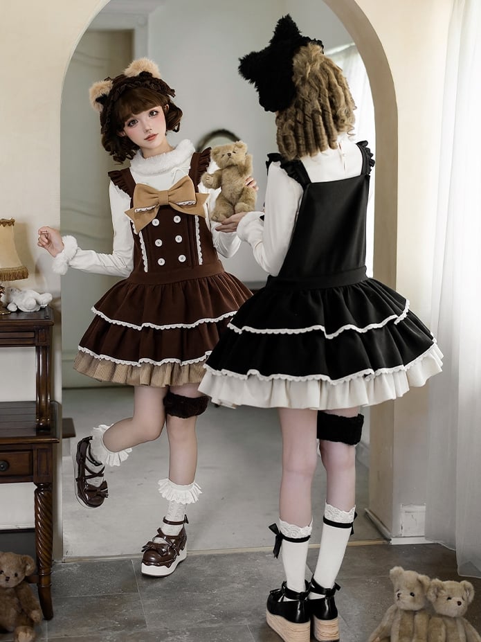 Tiered Ruffle Overall Sweet Dress Black Hem and Shoulder with Straps Lolita Bow