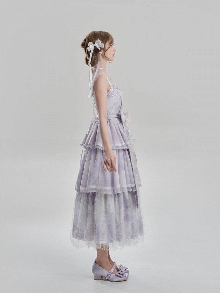 Oil Dress Painting and with Tiered Purple Lolita JSK Print Hem Embroidery Detail
