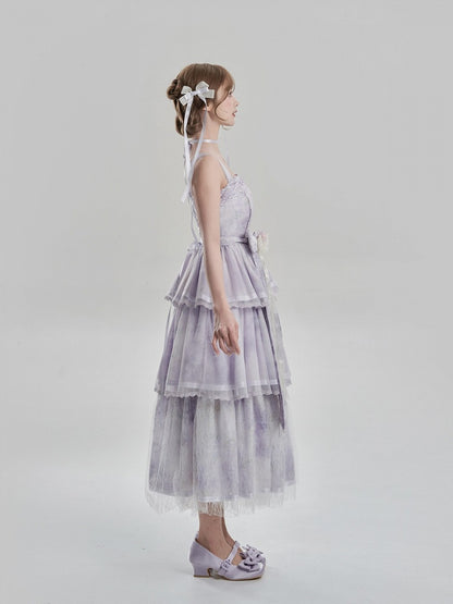 Oil Dress Painting and with Tiered Purple Lolita JSK Print Hem Embroidery Detail