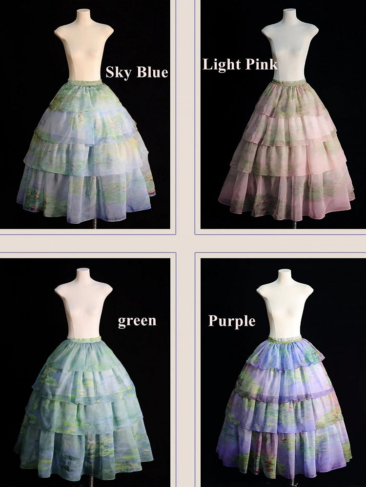 Sky Organza Tiered Skirt Blue/Light Pink/Purple/Green Oil Painting Print