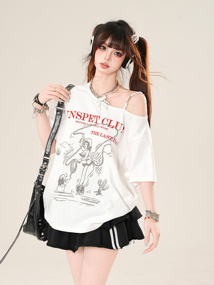 ホワイト アシンメトリーネックライン ルーズグラフィックTシャツ