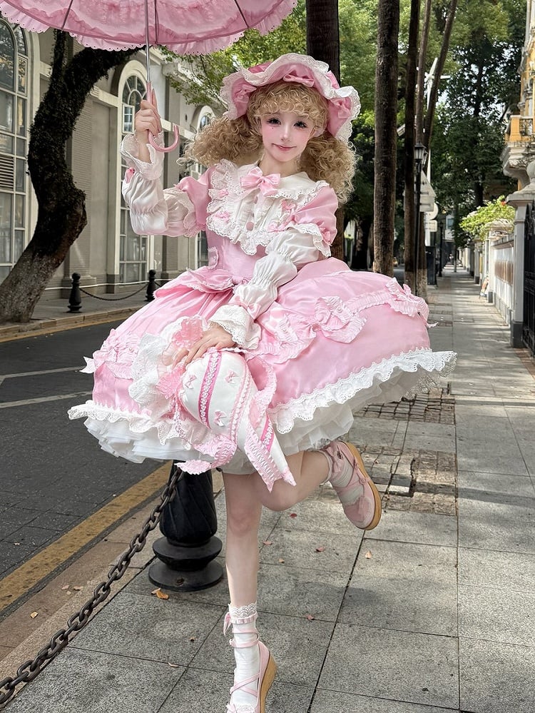 Trimmed Pink White and Bow Sweet Lace Bead Details with Dress Lolita