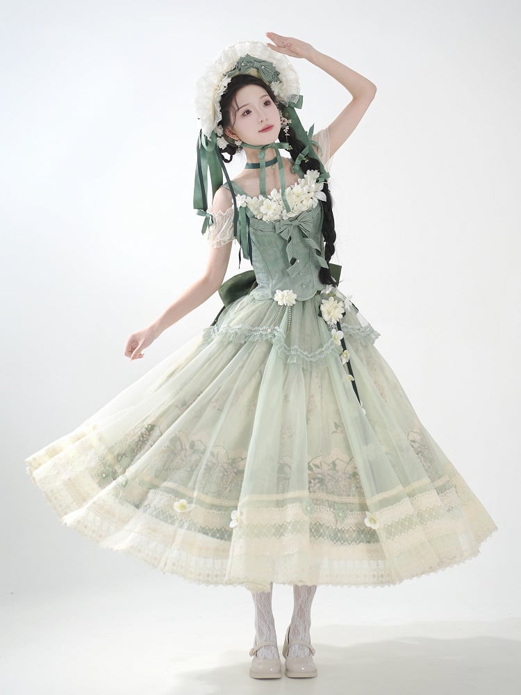 Dekoration Set Jasmin Print Top Grün Rock Lolita Korsett Klassische Lange Floral +