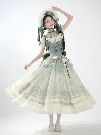 Dekoration Set Jasmin Print Top Grün Rock Lolita Korsett Klassische Lange Floral +