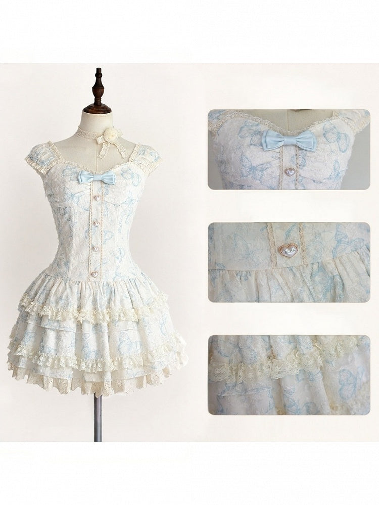 Azure Bow-Adorned Boned Bustier Gown with Lace Bolero - Sweet Dream