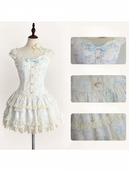 Azure Bow-Adorned Boned Bustier Gown with Lace Bolero - Sweet Dream