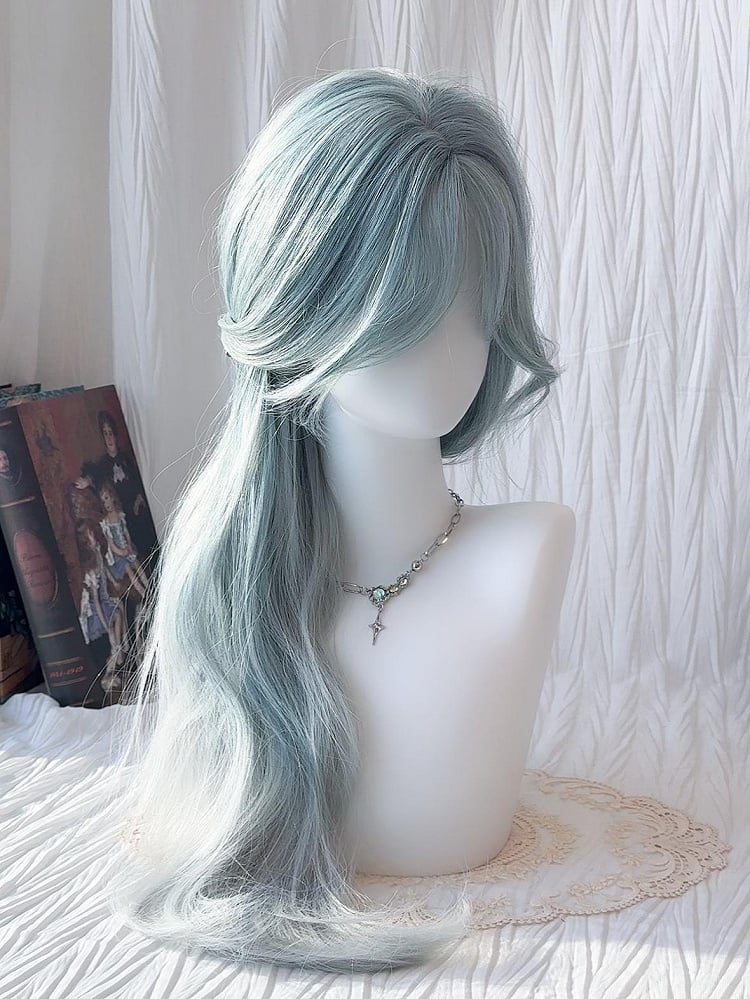 with Curtain Blue Wavy Ombre Mint Bangs Long Wig 70CM