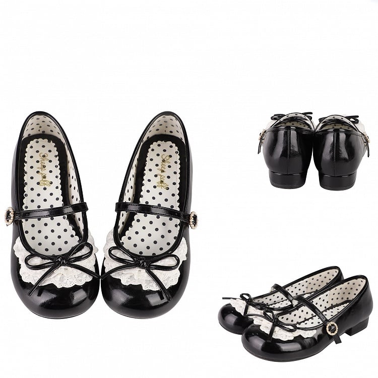 2.2CM/4.3CM Bow Janes Toe Mary Trim Knotted Round Lace Heels Black Accent